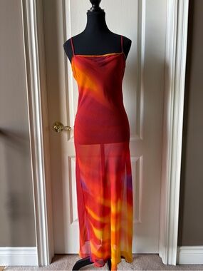 Sheer Red-Orange Slip Dress with Gradient Print